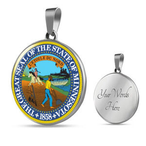 Minnesota State Seal Circle Pendant Necklace Stainless Steel 24 Inch Chain Silv